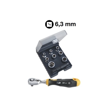 ASSORTIMENTO ATTACCO 1/4'' 9 UTENSILI + LEVA A CRICCHETTO
